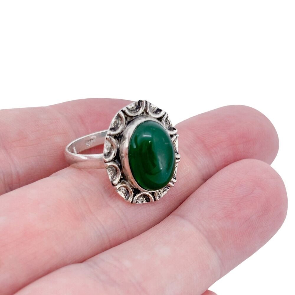 Vintage Sterling Silver 925 Green Glass Cabochon Ring Size 8